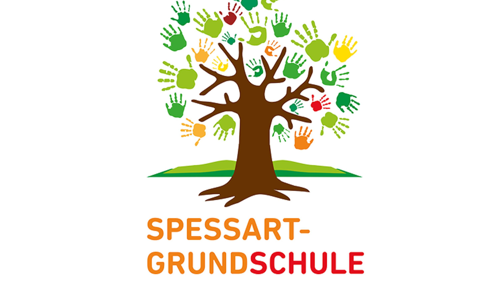 Logo der Spessart-Grundschule mit einem Baum aus Handabdrücken und dem Text SPESSART-GRUNDSCHULE Bischbrunn.