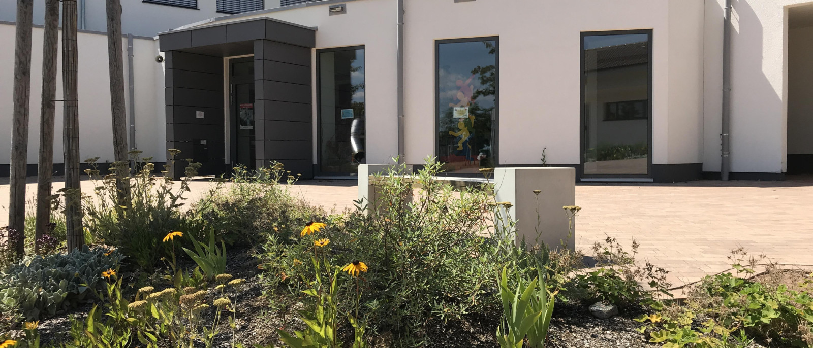 Moderner Gebäudeeingang mit Fenstern, gepflasterter Weg, Blumenbeet im Vordergrund.