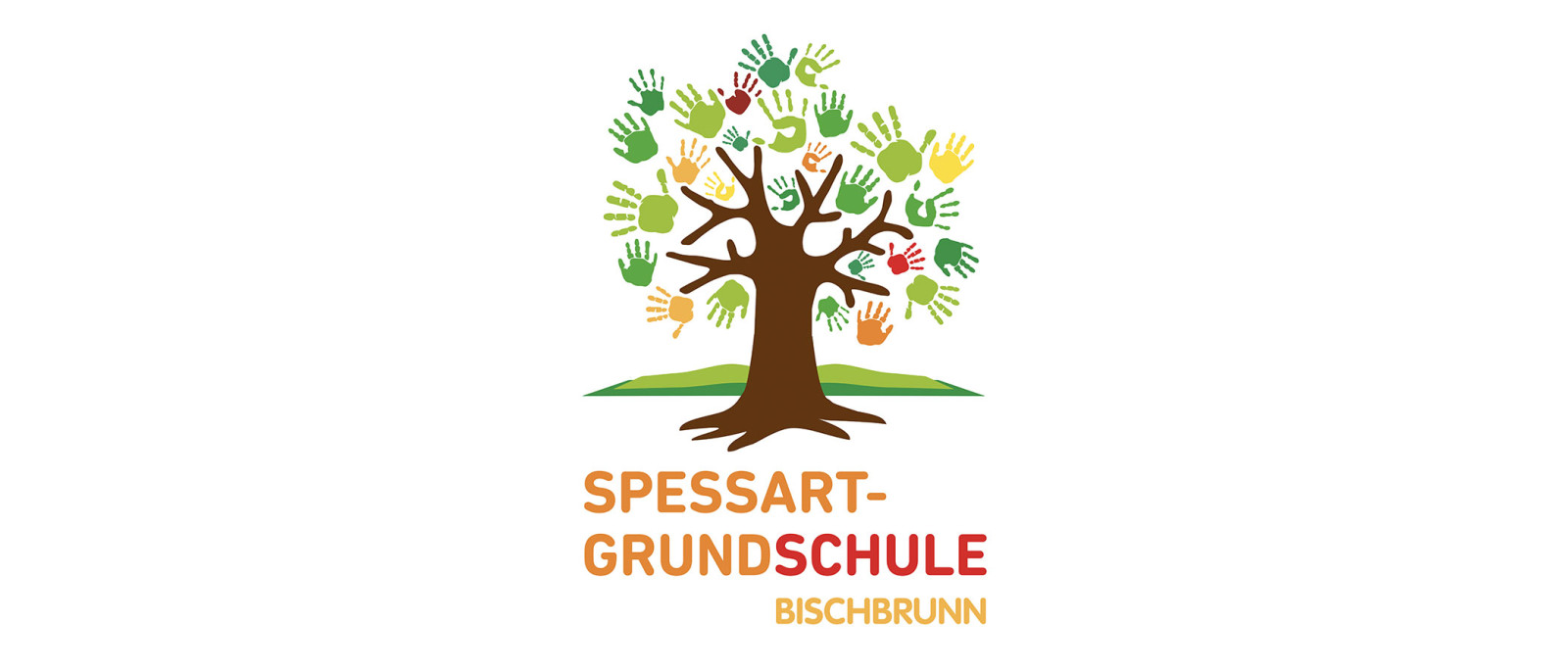 Logo der Spessart-Grundschule Bischbrunn mit einem Baum aus Handabdrücken in verschiedenen Farben.
