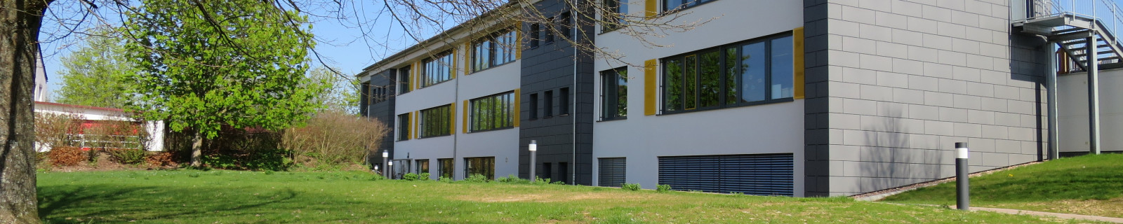 Ein modernes Bürogebäude mit grauen Fassaden und großen Fenstern in einer grünen Landschaft.
