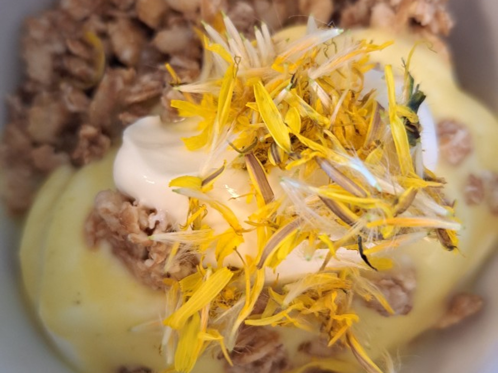 Nahaufnahme von Dessert mit Müsli und gelben Blüten in einer weißen Schale.