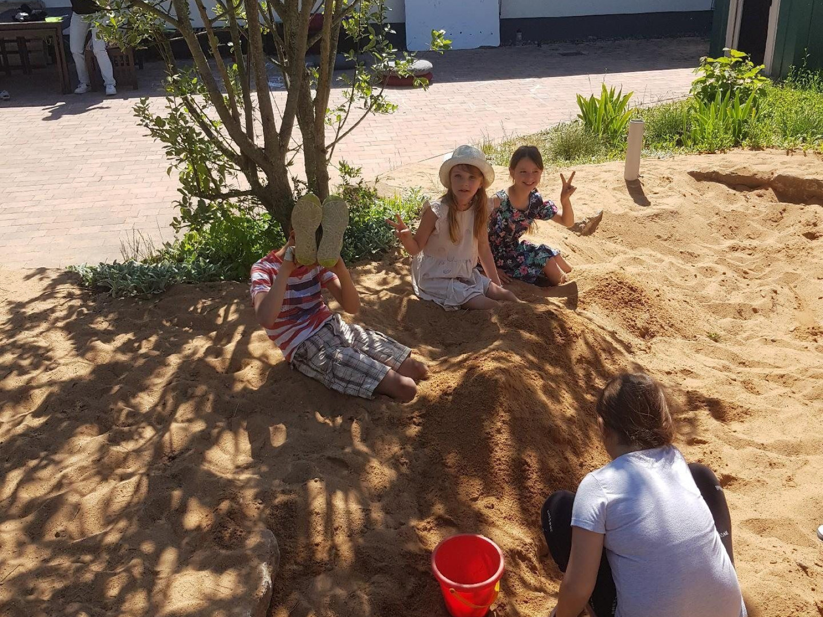 Vier Kinder spielen im Sandkasten unter einem Baum. Ein roter Eimer ist sichtbar.