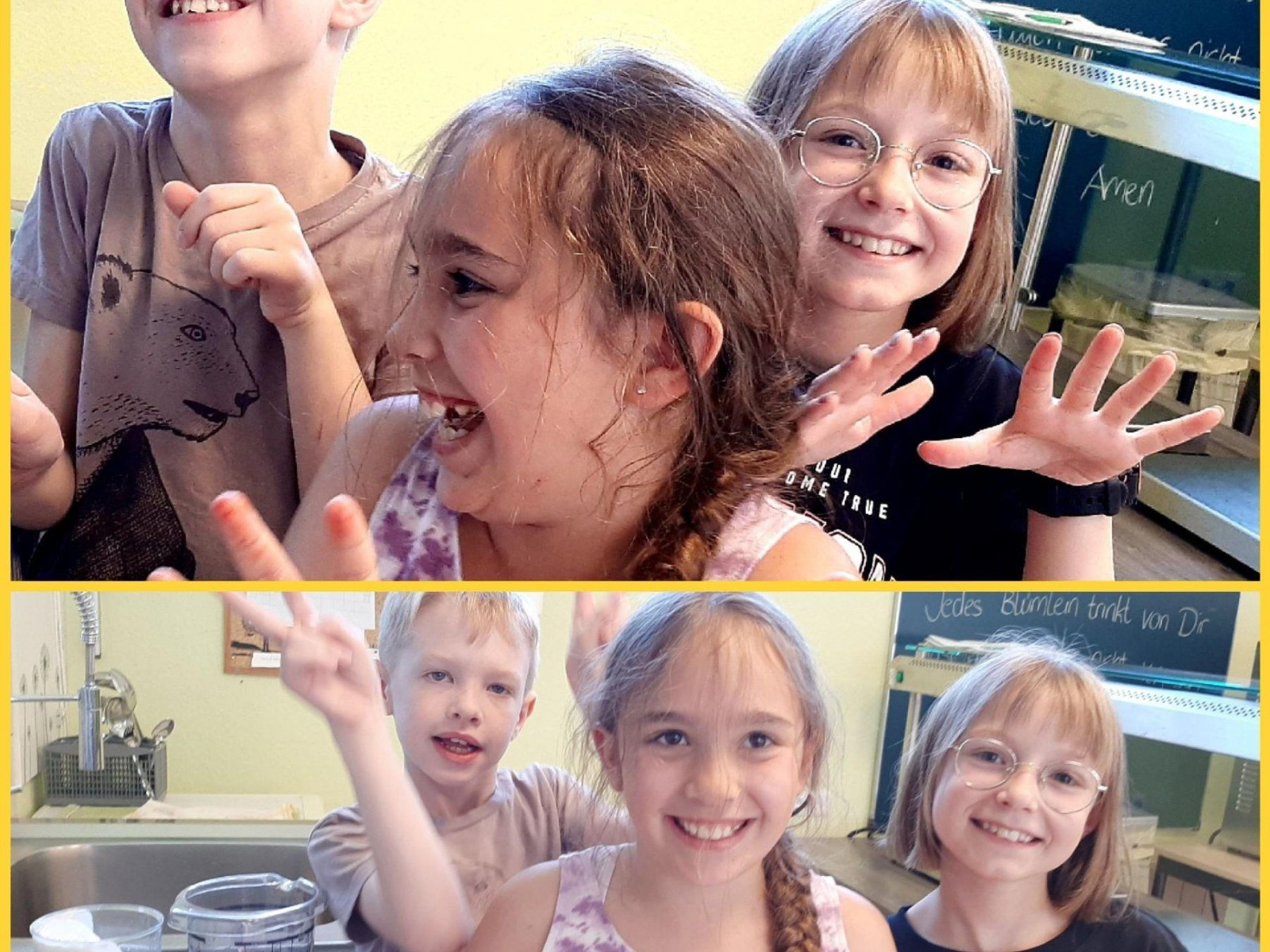 Zwei Bilder von lachenden Kindern in einer Küche, die kochen und Spaß haben.