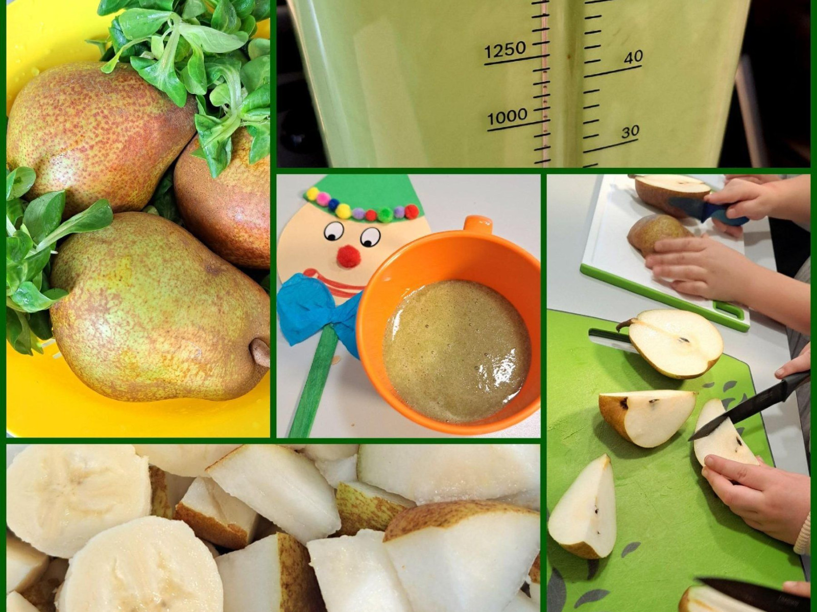 Collage mit Schritten zur Zubereitung eines grünen Smoothies: Birnen, Babyspinat, ein Messbecher, geschnittenes Obst und eine Tasse mit Smoothie.