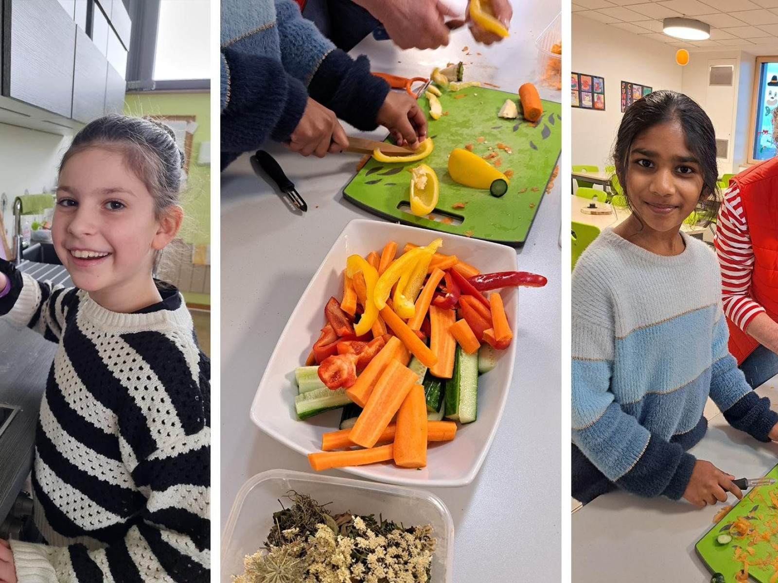 Kinder, die in einer Küche Gemüse schneiden und kochen, begleitet von einer älteren Dame.
