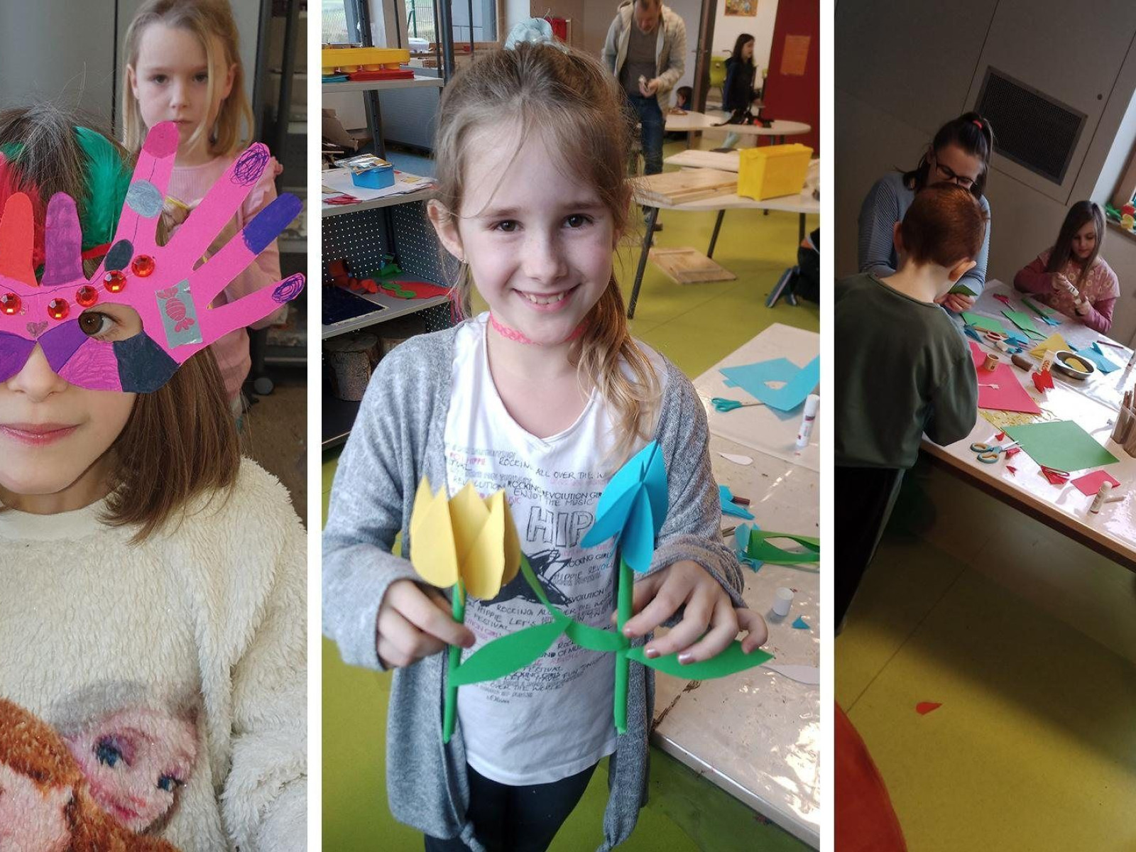 Drei Bilder von Kindern, die kreative Masken und Papierblumen basteln und gestalten.